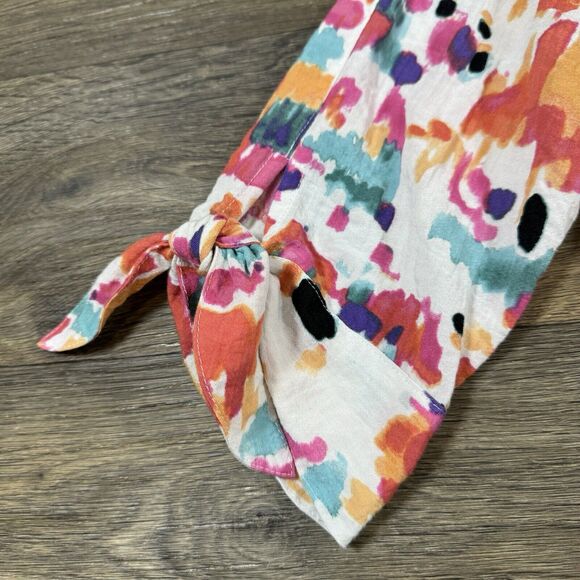 John Mark Abstract Floral Button Down Top Stand Wire Collar Tied 3/4 Sleeve Sz L - Picture 4 of 11